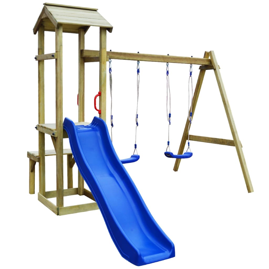 Maison de jeu jardin toboggan balançoires pin 238x228x218cm