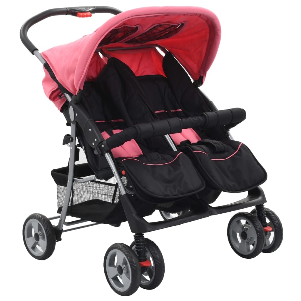 Poussette double deux places noir rose acier pliable enfant 15kg