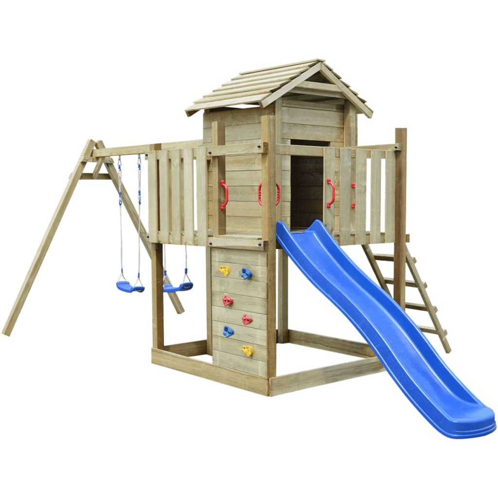 Aire de jeu en bois toboggan balançoires 557x280x271 cm