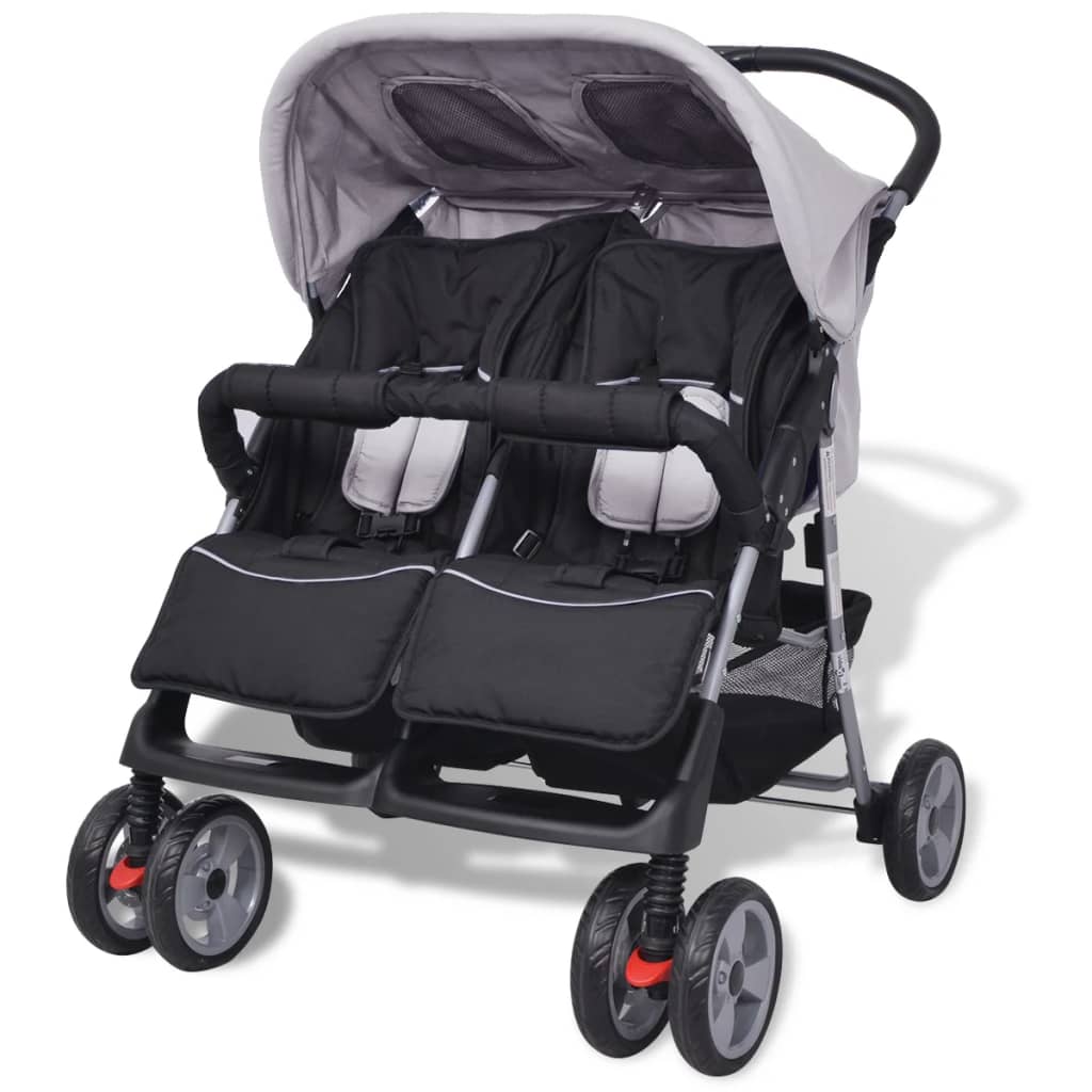 Poussette Double Acier Gris Noir Jumeaux Sécurité Confort