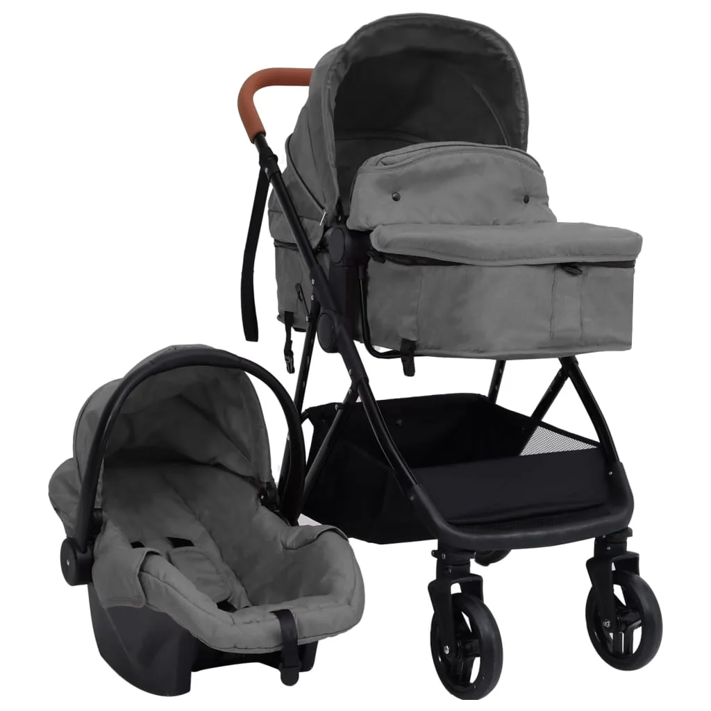 Poussette 3 en 1 Bébé Sécurisée Gris Noir Pliable Polyvalente