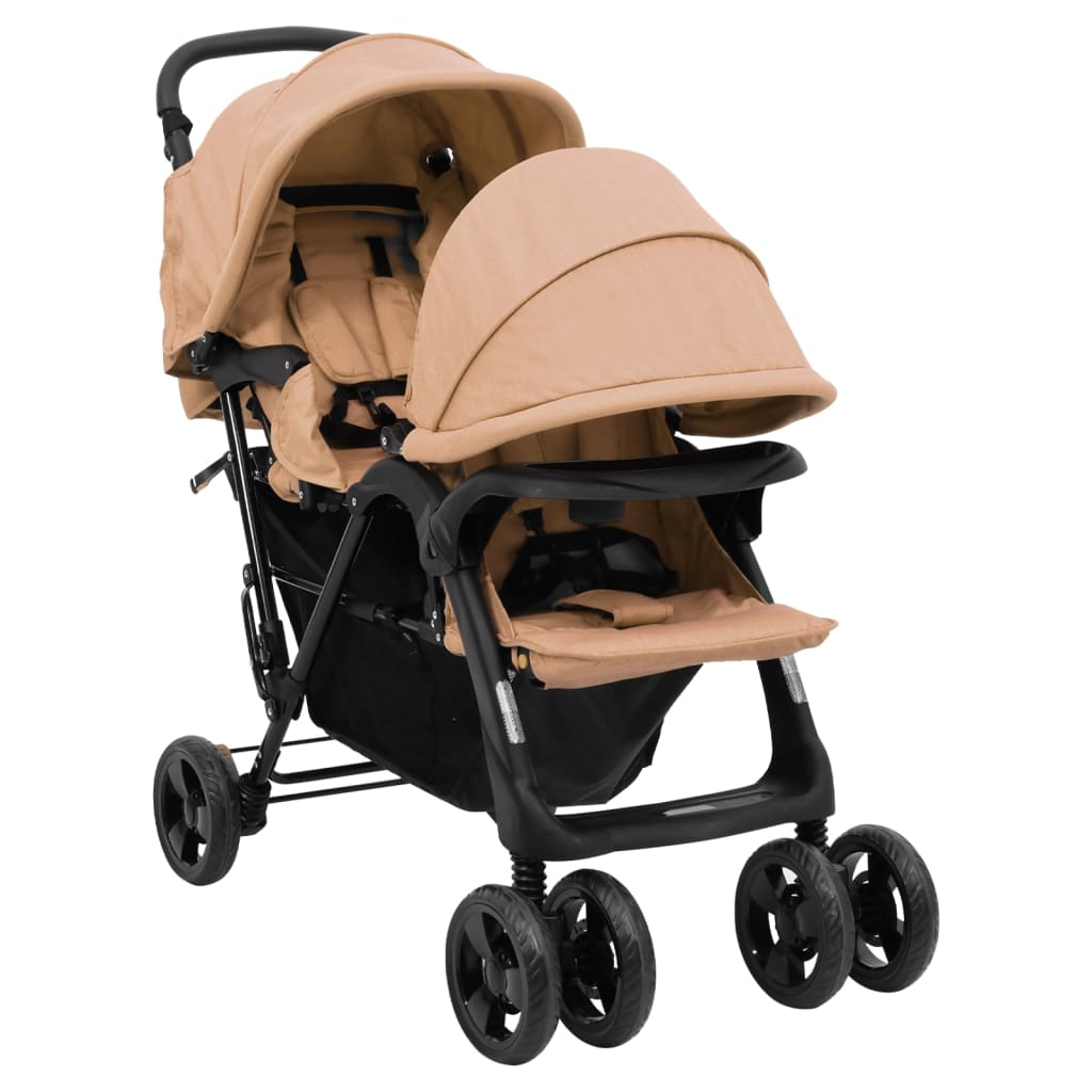 Poussette Double Acier Taupe pour Deux Enfants Jumeaux