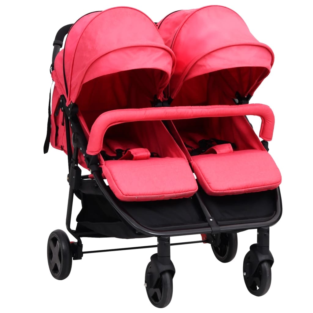 Poussette deux places acier rouge et noir jumeaux bébés
