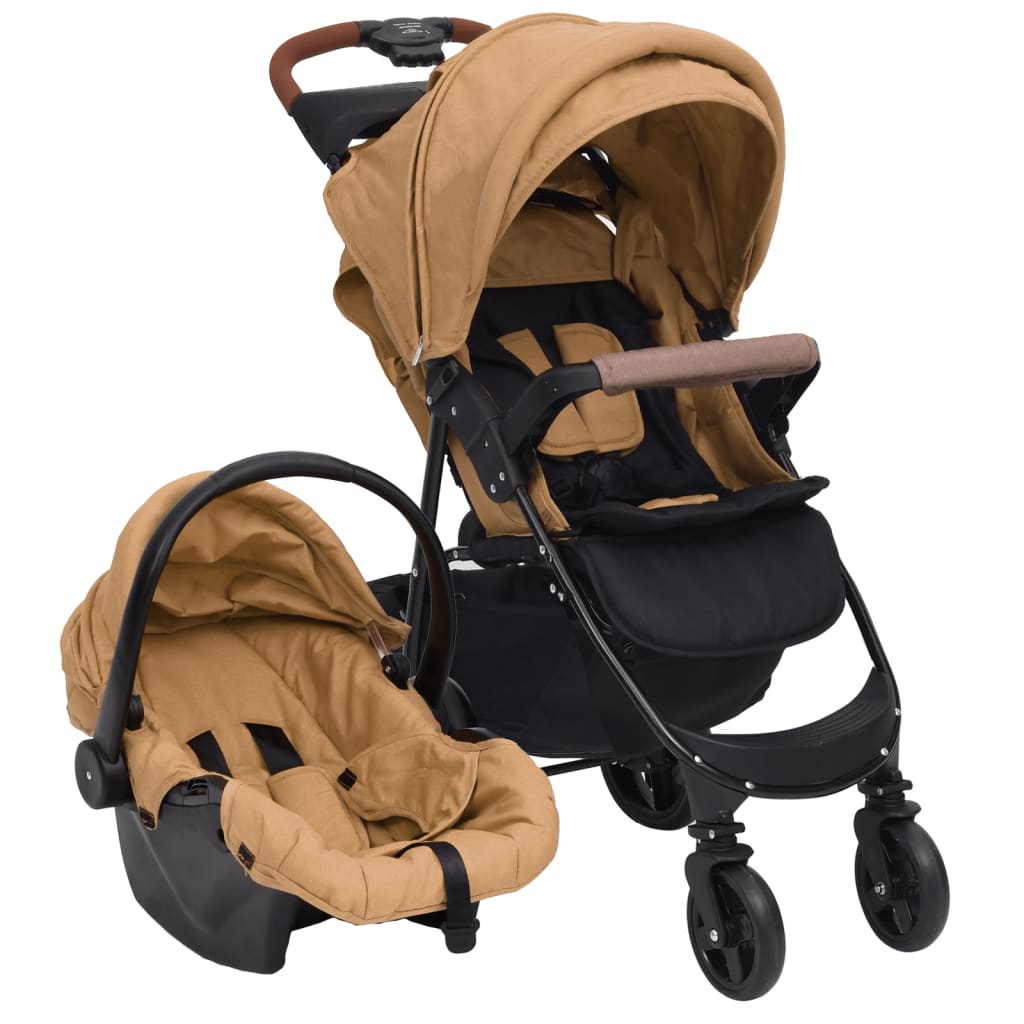 Poussette 3-en-1 Bébé Taupe Acier Robuste Tout Terrain