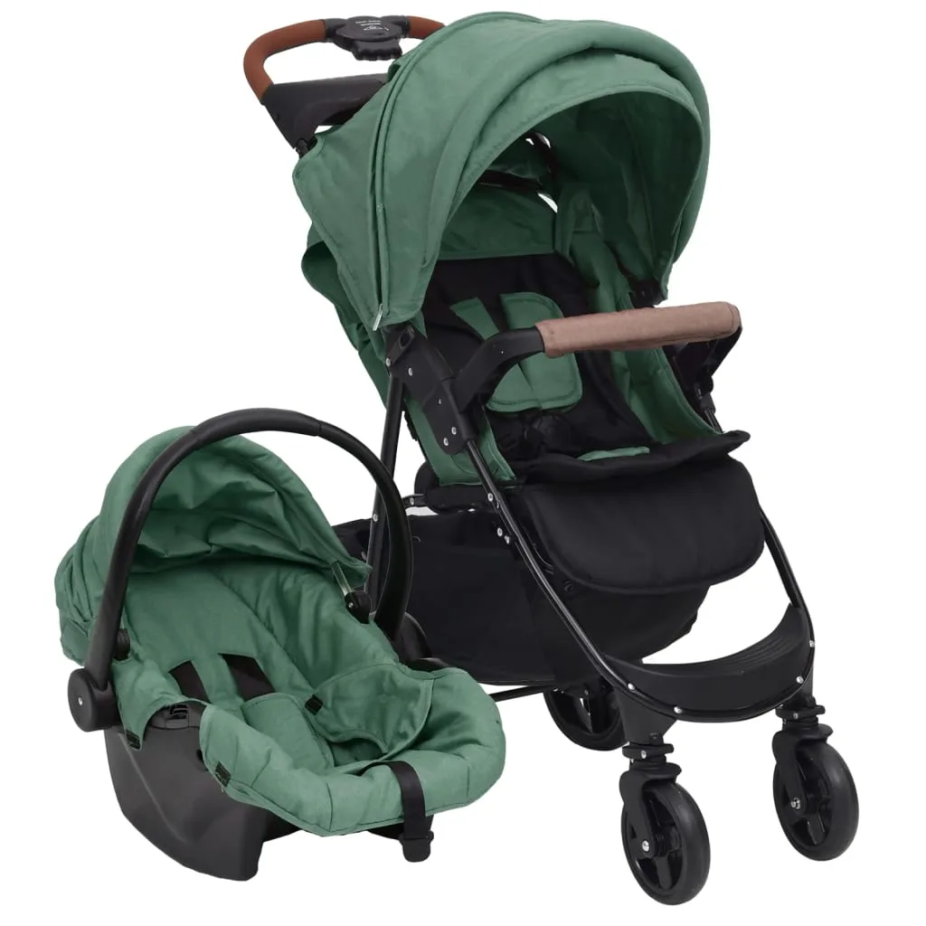 Poussette 3-en-1 bébé vert acier robuste pliable avec siège auto