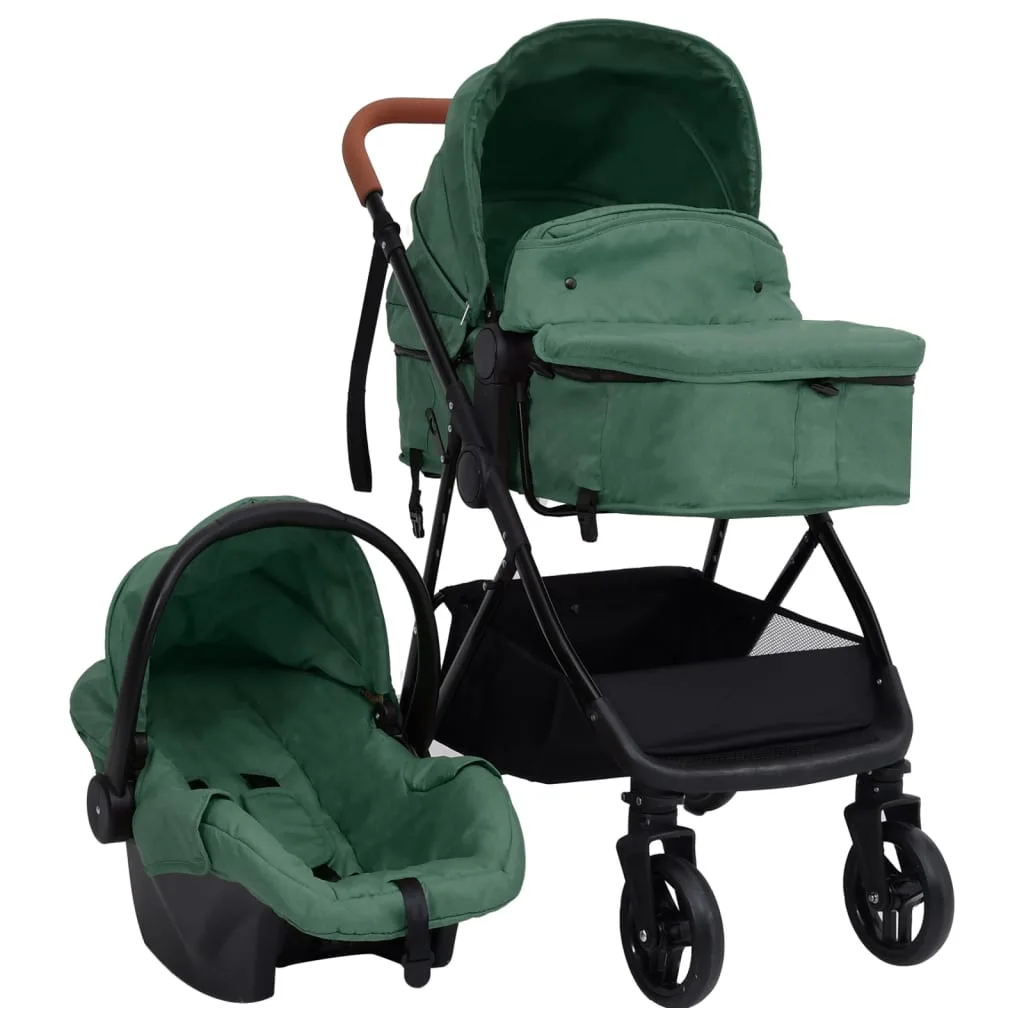 Poussette 3 en 1 Bébé Pliante Vert Noir Siège Auto Inclus