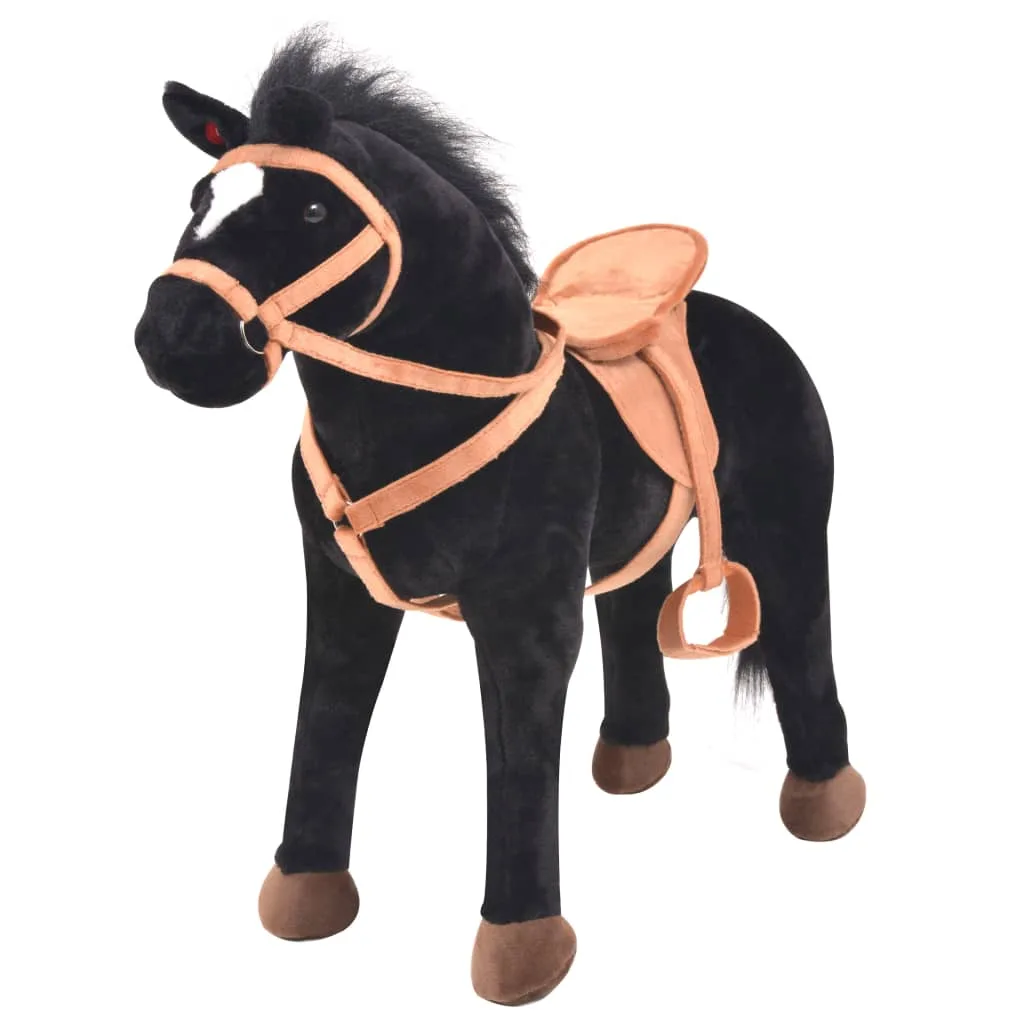 Cheval en Peluche Noir 100kg Sonore avec Selle et Rênes