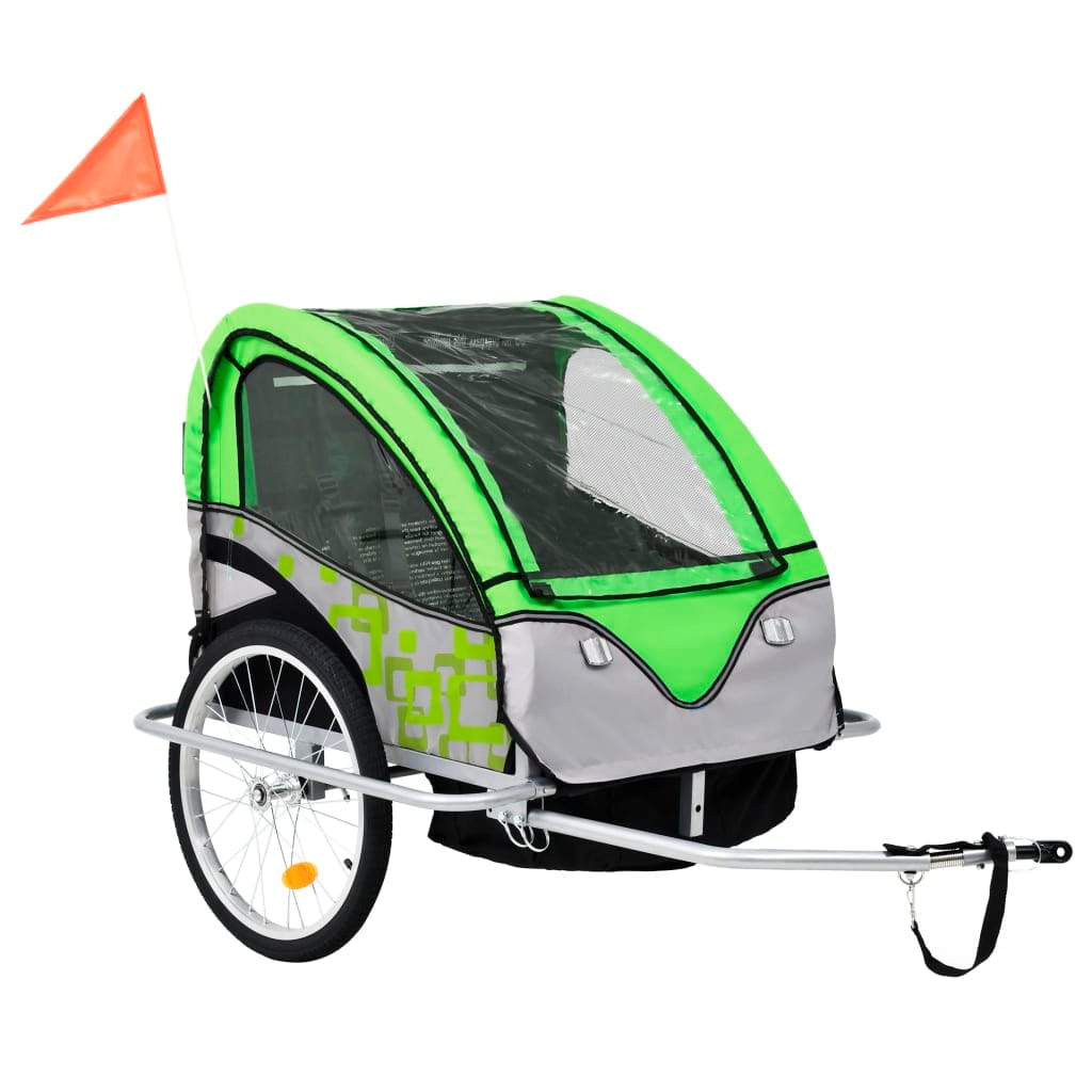 Remorque à vélo enfant 2-en-1 Vert et Gris Poussette