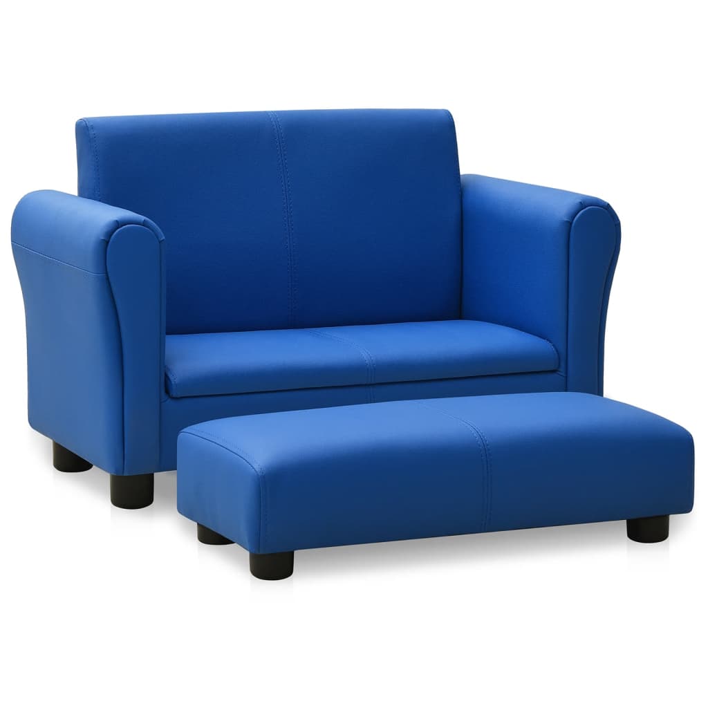 Canapé enfant bleu simili cuir – Set salon + tabouret rembourré