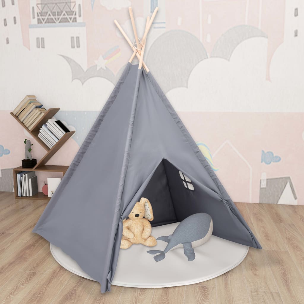 Tente Tipi Enfants Gris 120x120x150cm Cadre Bois Pin