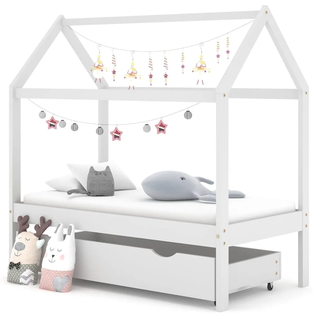 Cadre Lit Enfant 70×140 Pin Massif Blanc Cabane avec Tiroir