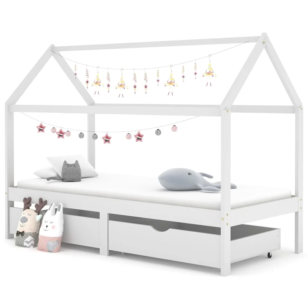 Lit Enfant Tiroirs Pin Massif Blanc 90×200 Cabane Rangement