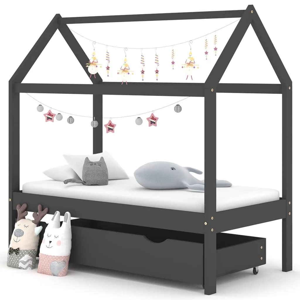 Cadre Lit Enfant Pin Cabane Gris Foncé 70×140 cm avec Tiroir