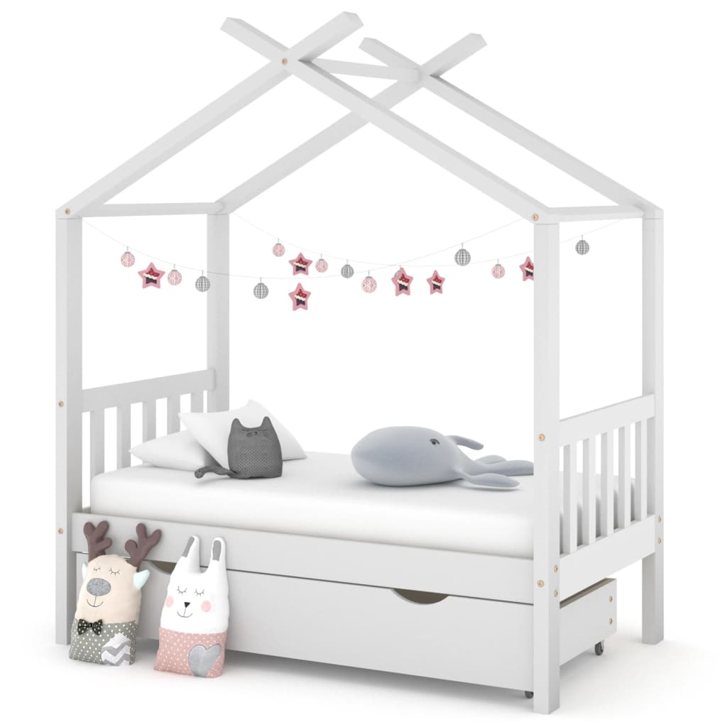 Cadre Lit Enfant Tiroir Pin Massif Blanc Cabane 70×140