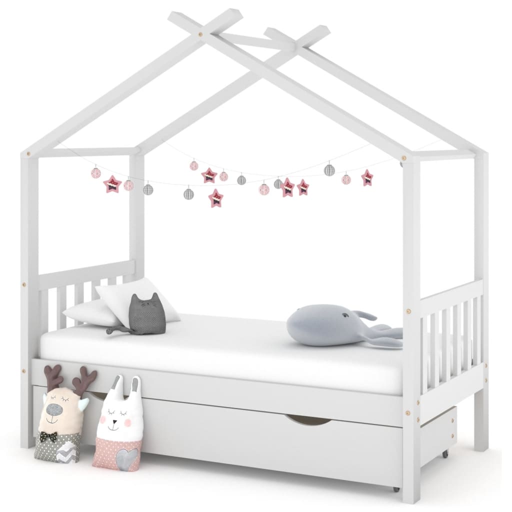 Cadre Lit Cabane Enfant Pin Massif 80×160 Tiroir Blanc