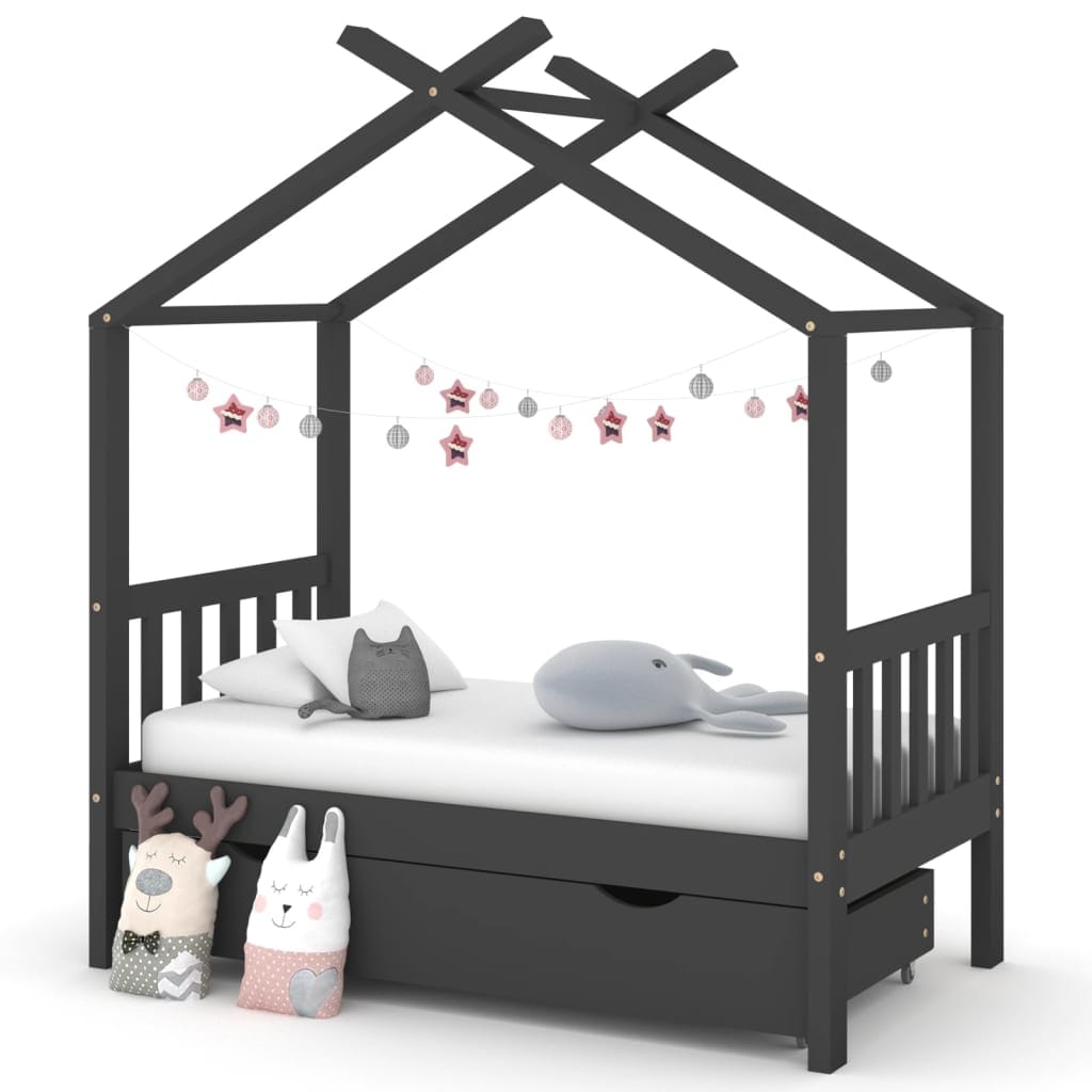 Lit Cabane Enfant Tiroir Pin Gris 70x140cm Design Cabane