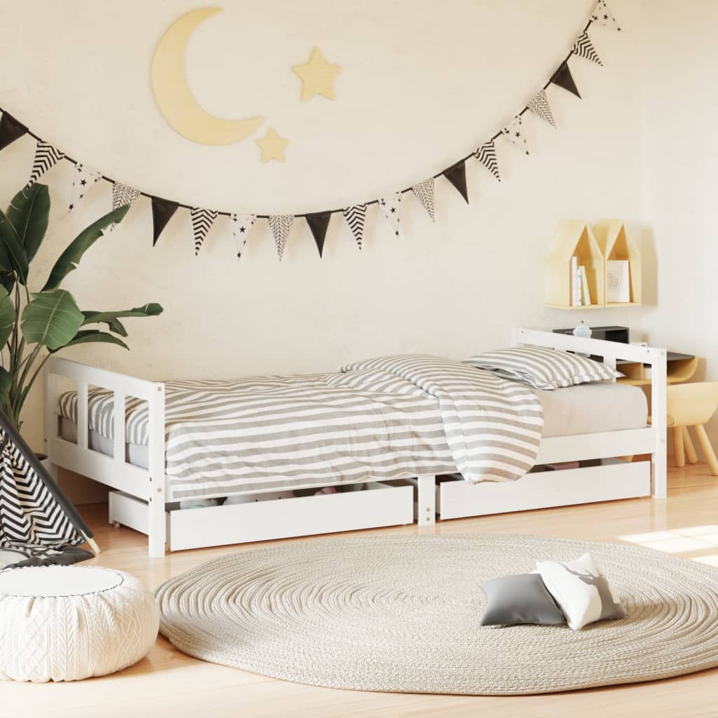 Cadre de lit enfant tiroirs blanc 90×200 cm bois de pin massif