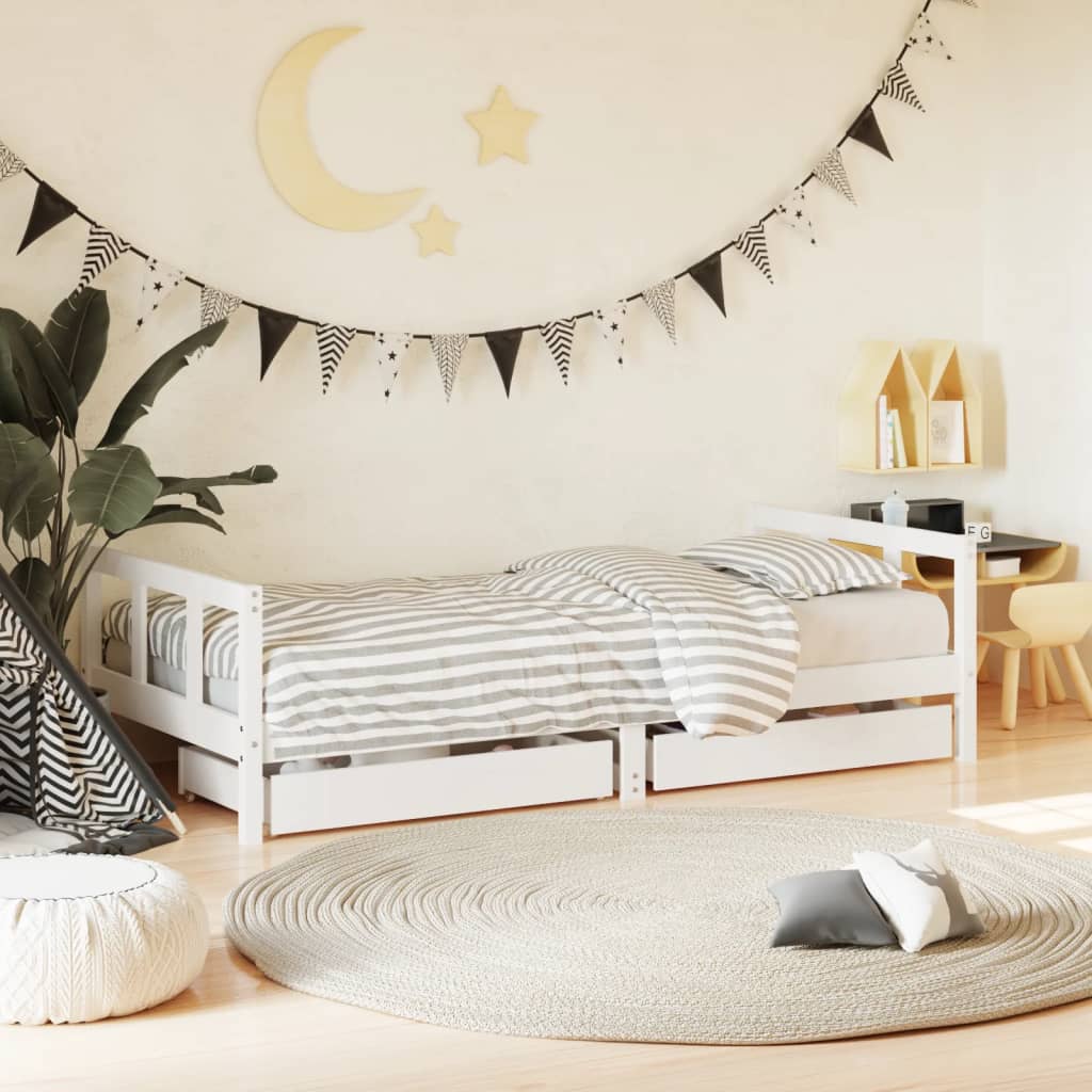 Cadre de lit d’enfants tiroirs blanc 90×190 cm bois pin massif