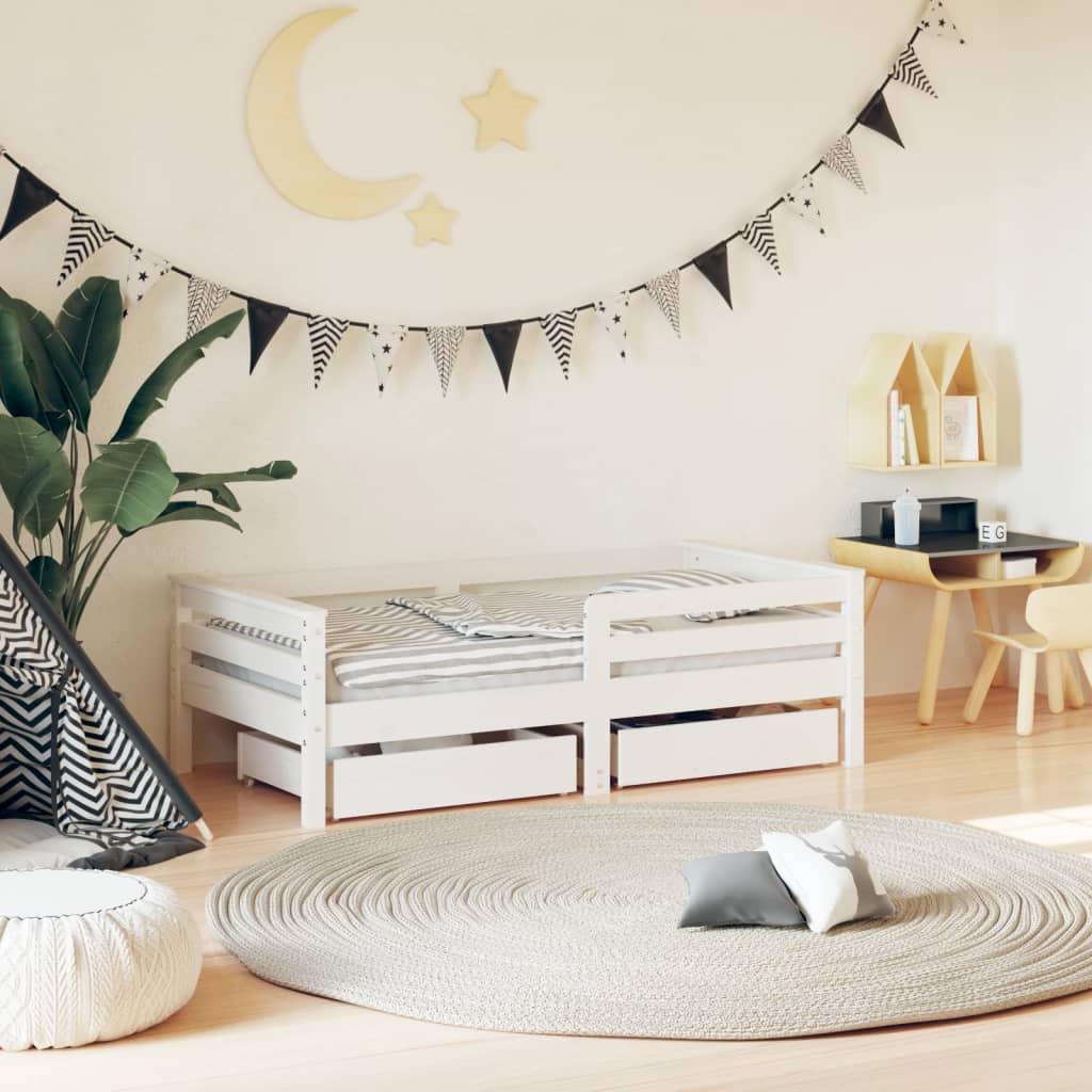Cadre de lit enfant tiroirs blanc 70×140 cm bois de pin massif