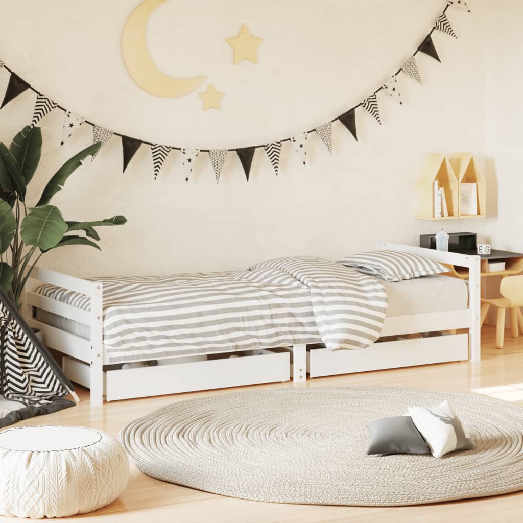 Cadre de lit d’enfants tiroirs blanc 90×190 cm bois pin massif