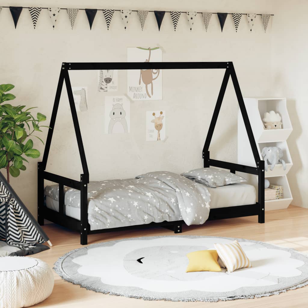 Cadre de lit pour enfant noir 80×160 cm bois de pin massif