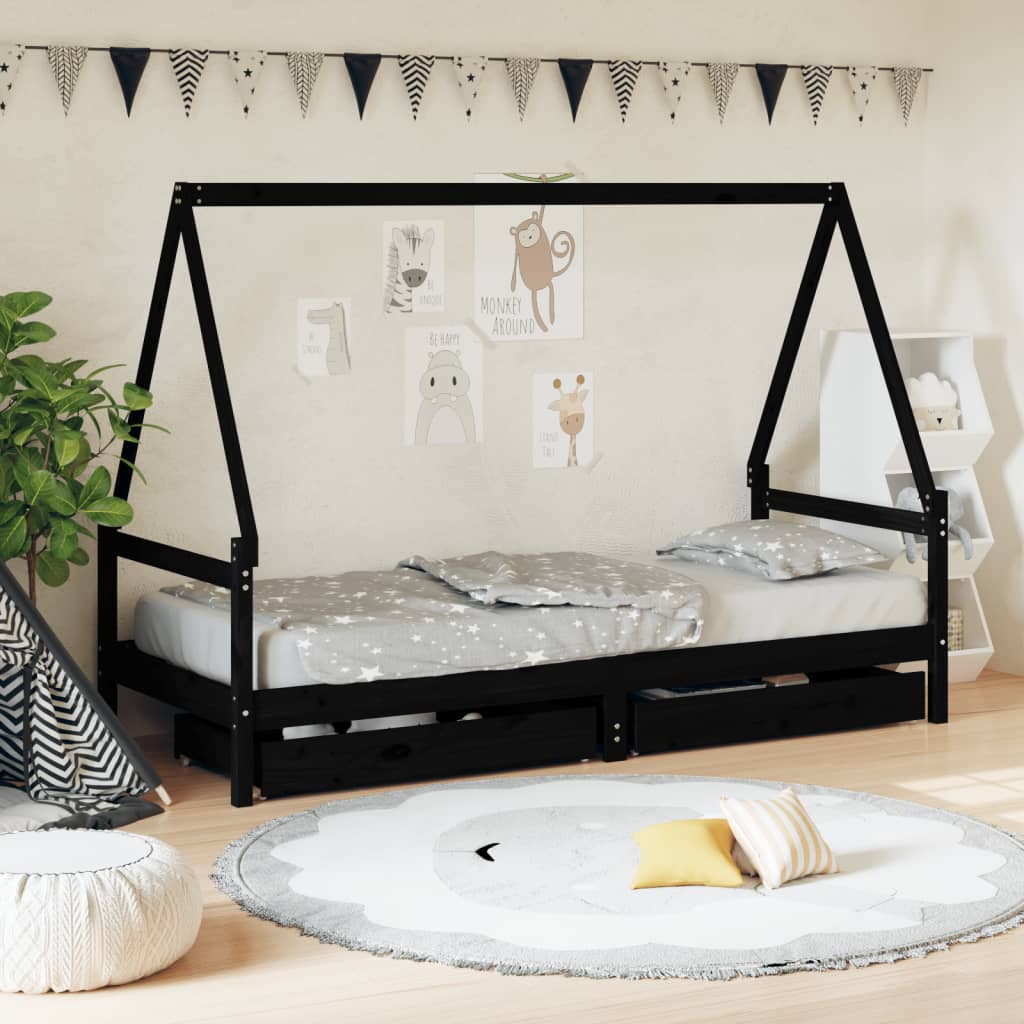 Cadre de lit enfant avec tiroirs noir 90×200 cm bois pin massif