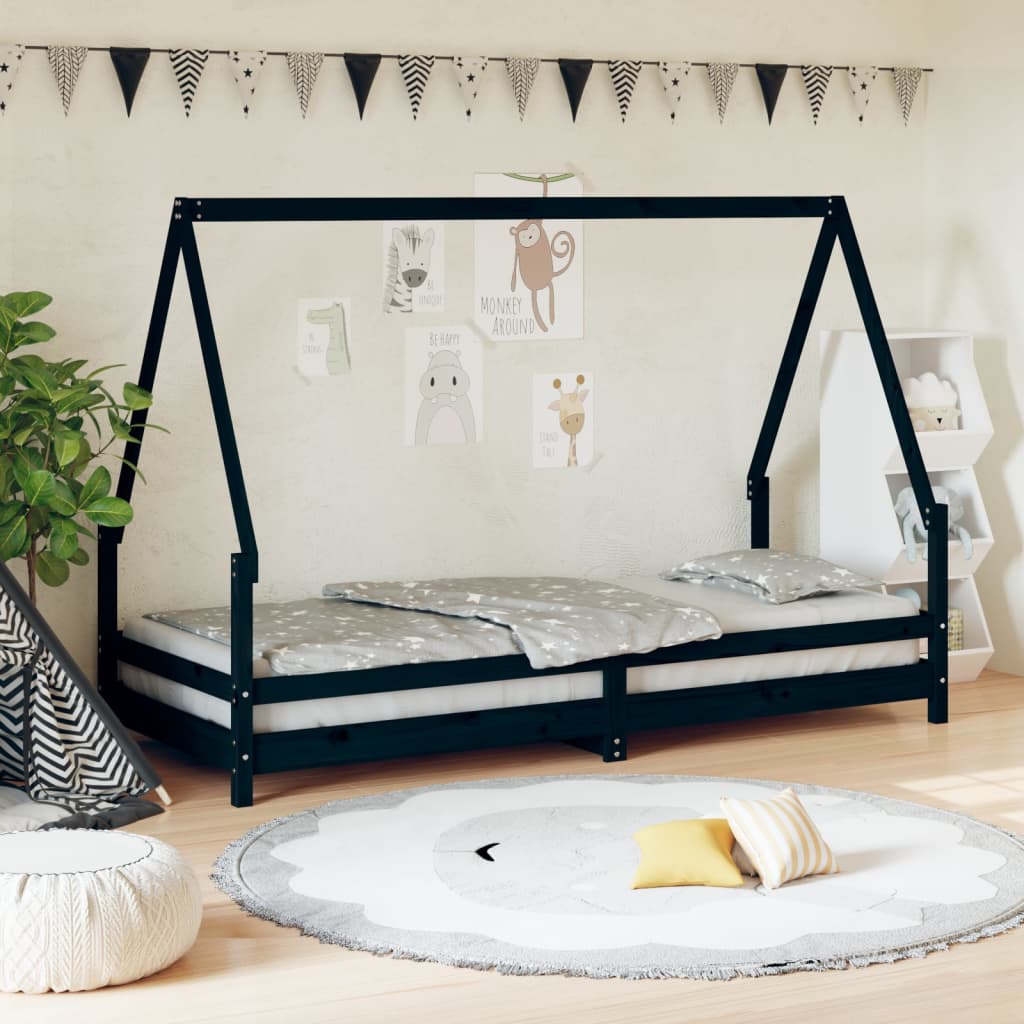 Cadre de lit pour enfants noir 90×200 cm bois de pin massif