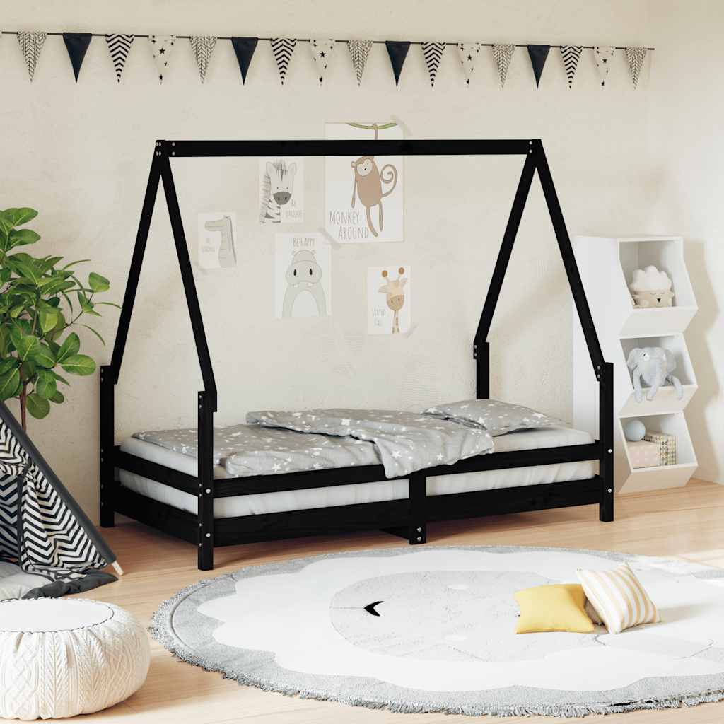 Cadre de lit pour enfant noir 80×160 cm bois de pin massif