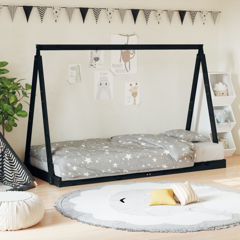 Cadre de lit pour enfants noir 90×190 cm bois de pin massif