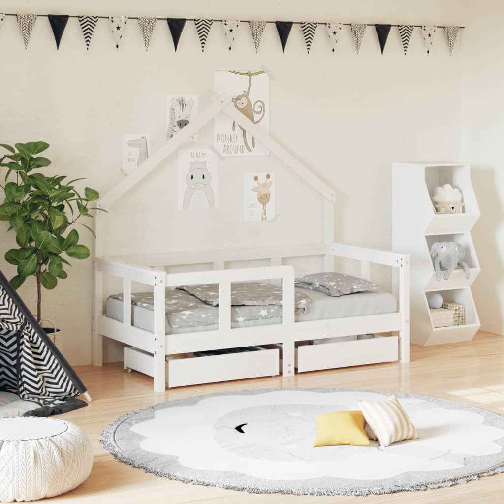 Cadre de lit enfant tiroirs blanc 70×140 cm bois de pin massif