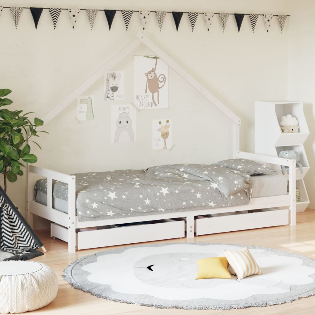 Cadre de lit enfant tiroirs blanc 80×200 cm bois de pin massif