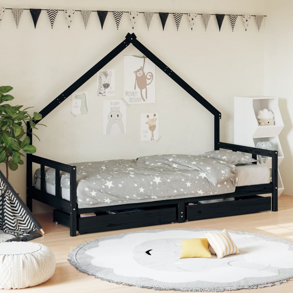 Cadre de lit enfant avec tiroirs noir 90×200 cm bois pin massif
