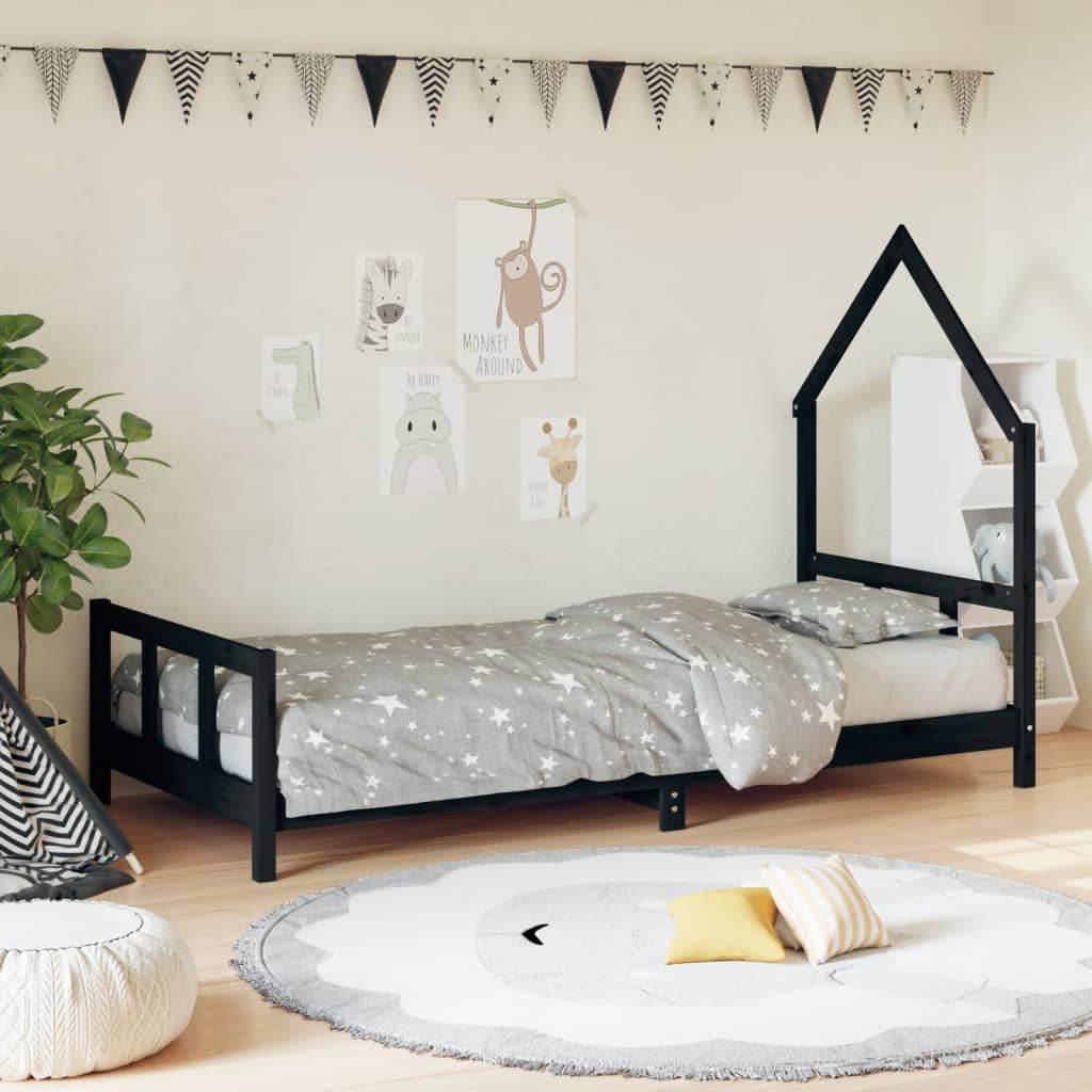 Cadre de lit pour enfants noir 90×200 cm bois de pin massif