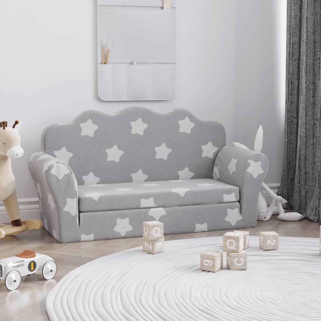 Canapé-lit enfant 2 places gris clair étoiles peluche douce
